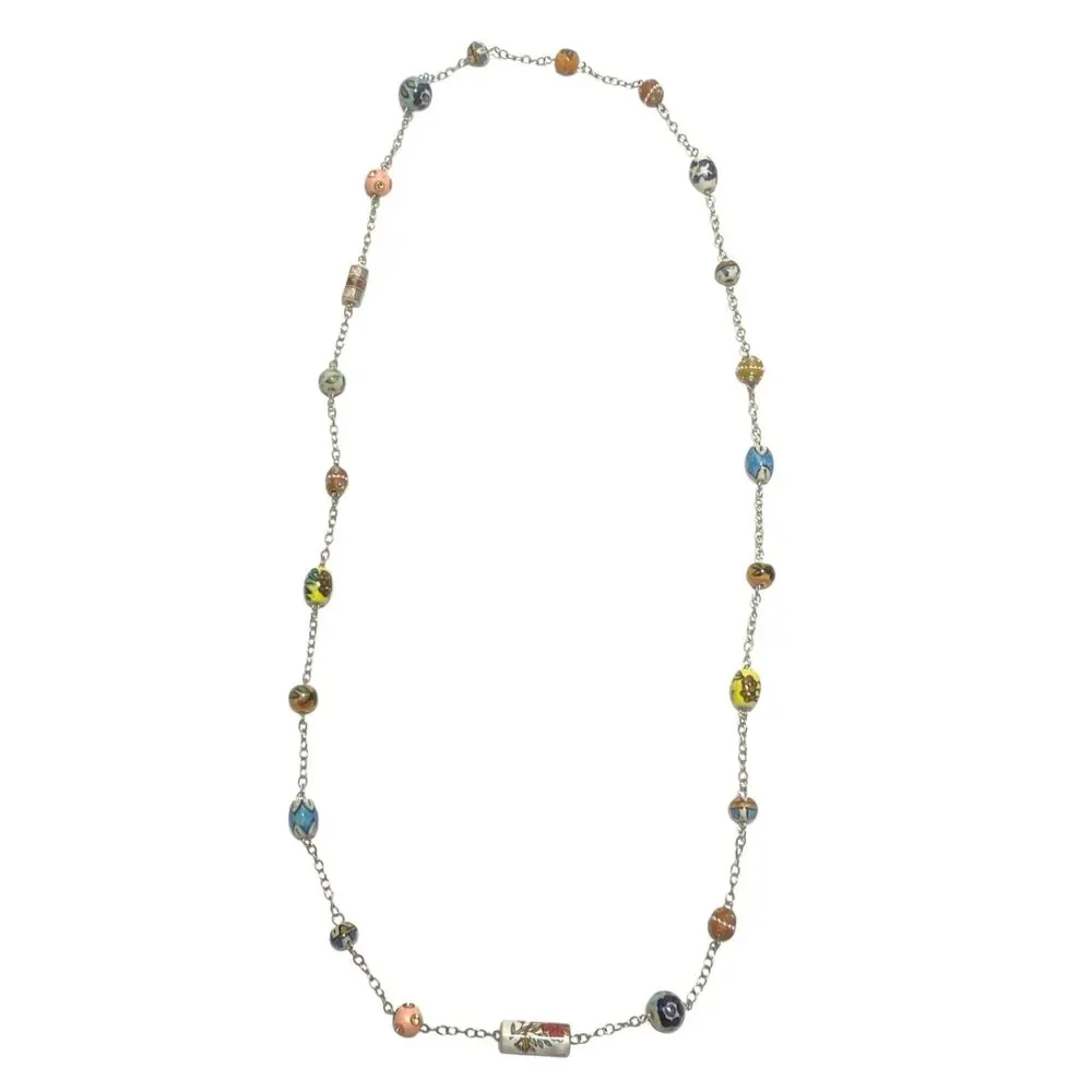 VTG Necklace Ceramic Resin Bead Station Painted Floral Art Long Boho Festival